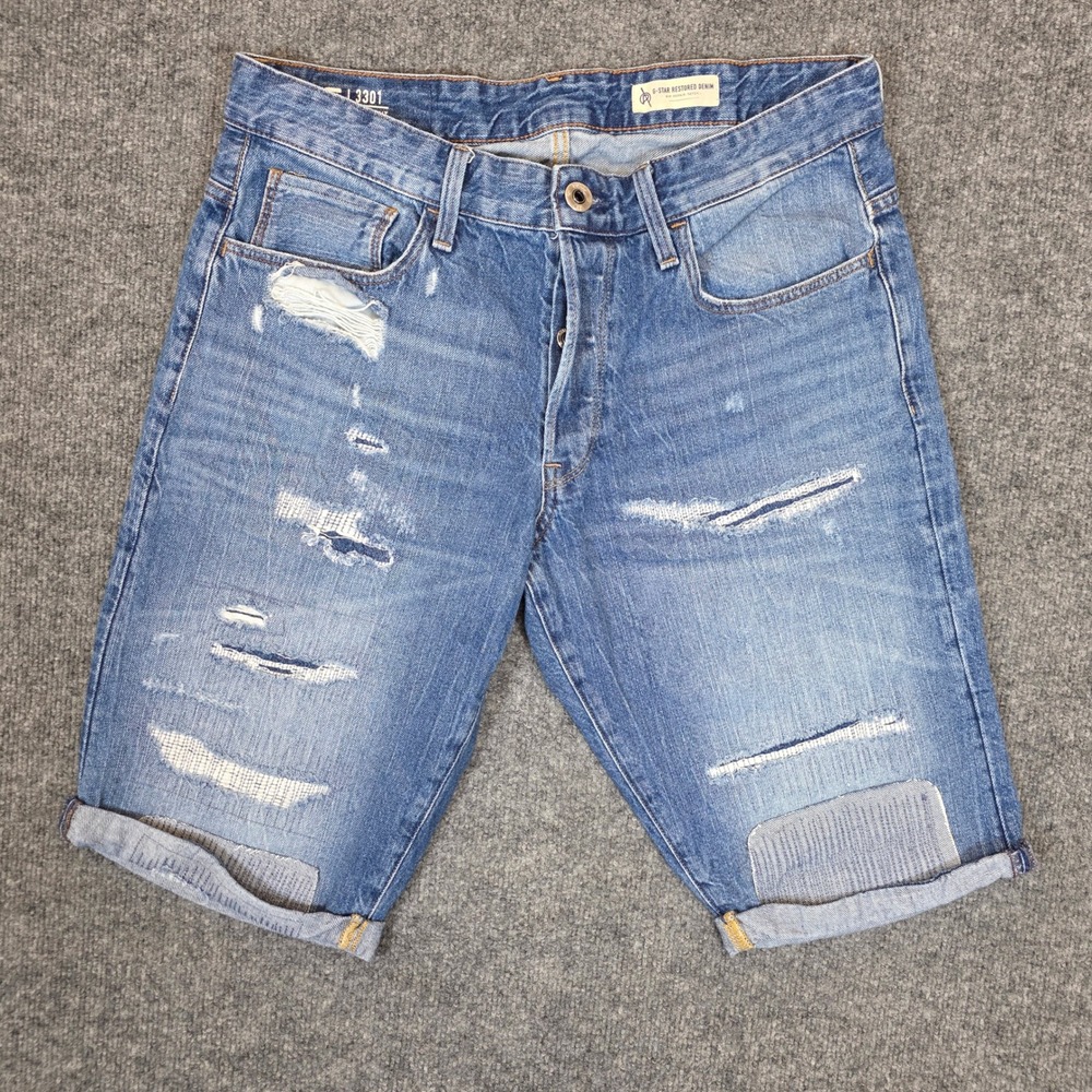 G-Star Raw 3301 Straight Shorts Men 33 Blue Distressed Button Fly Restored Denim